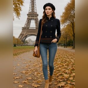 MTWT 9-5 Vintage Double Breasted Sweater Navy Striped Trim Medium Petite